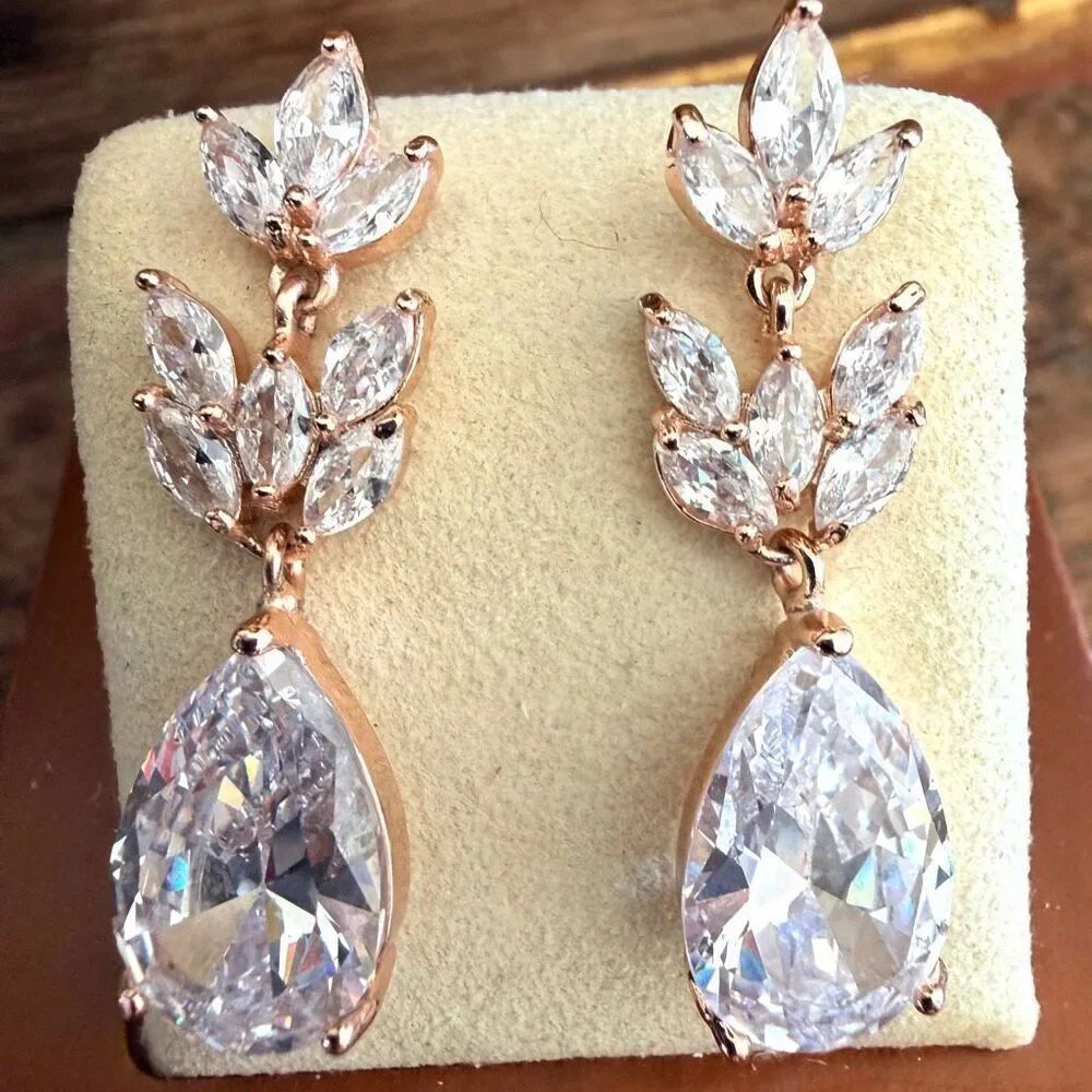 Rose Gold Tone Leaf Cluster Drop Earrings with Clear rhinestones